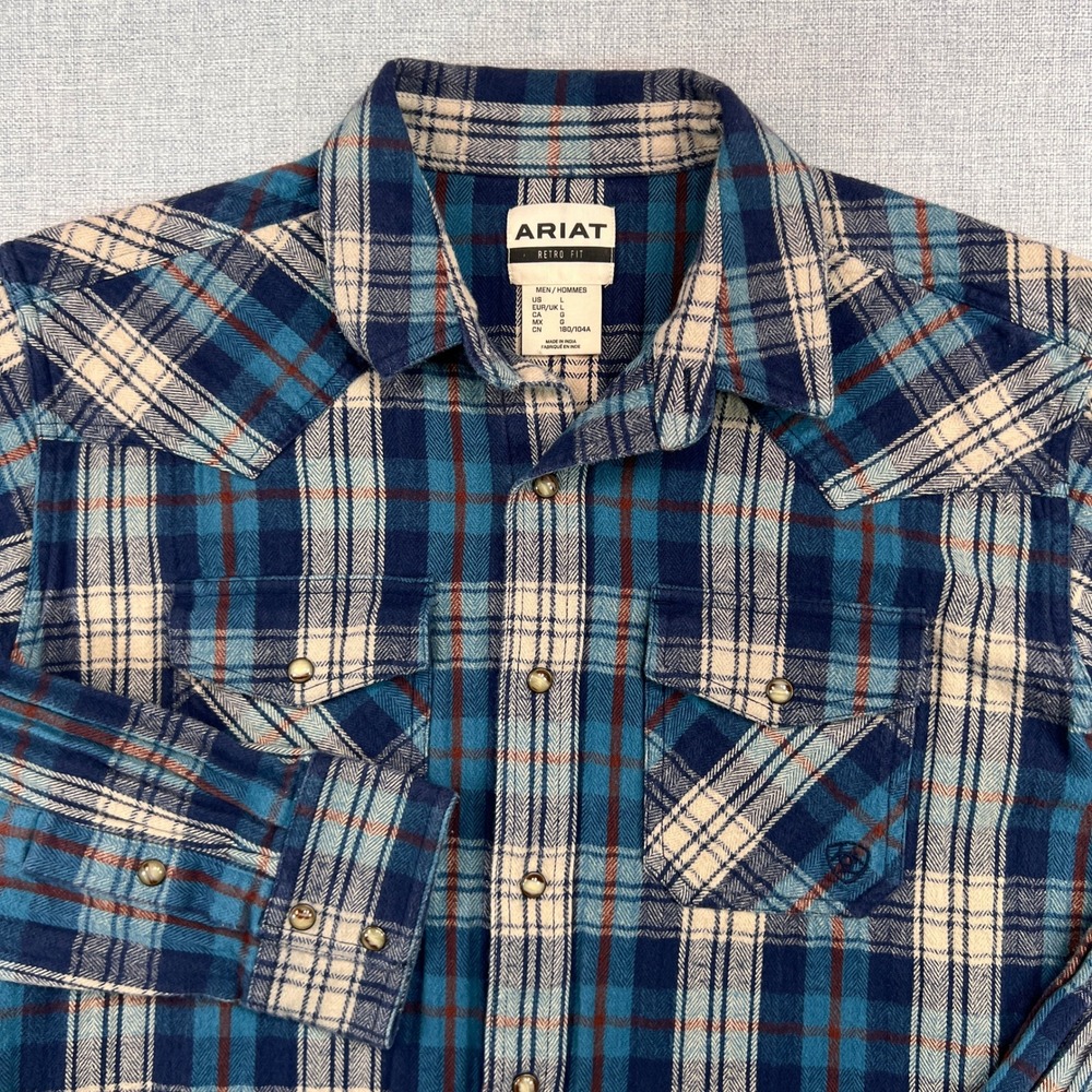 Ariat Huntleigh Retro Fit Pearl Snap Flannel Shirt Men Large Blue Plaid Western